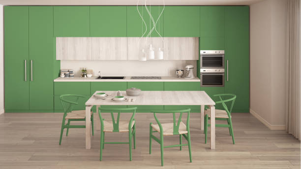istock Modern minimal green kitchen with wooden floor, classic interior design 652754948