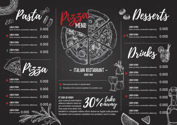 Hand drawn vector illustration - Italian menu. Pasta and Pizza. Perfect for restaurant brochure, cafe flyer, delivery menu. Design template with illustrations in sketch style. Hand drawn vector illustration - Italian menu. Pasta and Pizza. Perfect for restaurant brochure, cafe flyer, delivery menu. Design template with illustrations in sketch style. pizzeria stock illustrations