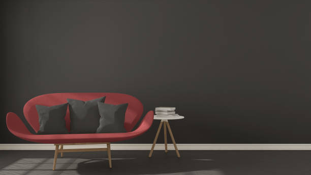 istock Scandinavian minimalistic dark background, with red sofa on herringbone natural parquet flooring, interior design 652763872