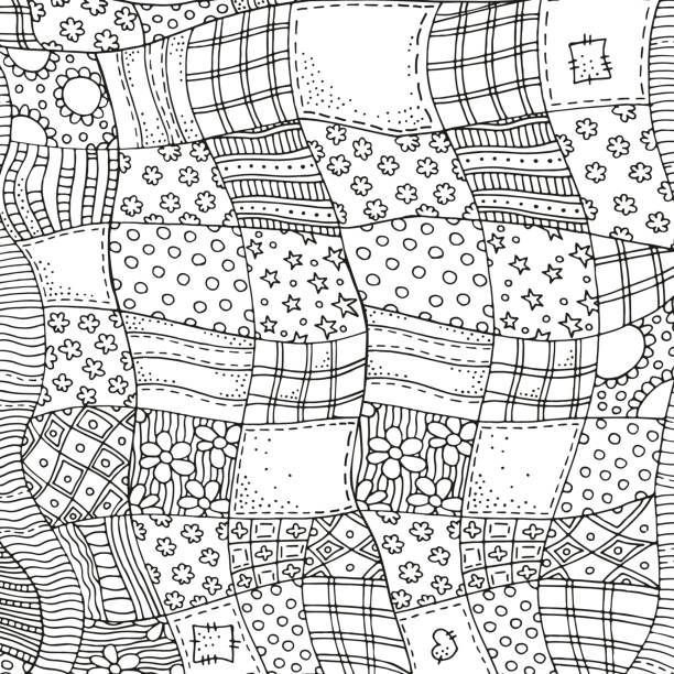 Quilt blanket background. Adult coloring book page. Quilt blanket background. Adult coloring book page. Black and white. Doodle style. coloring book cover stock illustrations