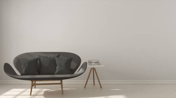 istock Scandinavian minimalistic background, with gray sofa on herringbone natural parquet flooring, interior design 652772348