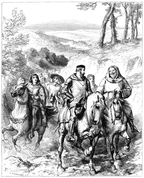 Pilgrims on their way to Canterbury A group of medieval pilgrims on their way to the shrine of Saint Thomas à Becket in Canterbury, Kent. From “The Merrie Days of England; Sketches of the Olden Time” by Edward McDermott. Published by William Kent & Co, London, in 1859. black and white travel travel destinations monk stock illustrations