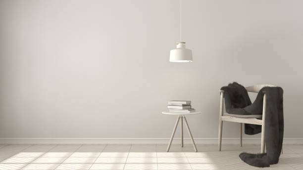 istock Scandinavian white background, with table and pendant lamp on herringbone natural parquet flooring, interior design 652775800