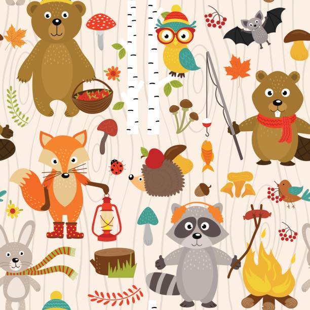 seamless pattern with animals of forest on beige background seamless pattern with animals of forest on beige background- vector illustration, eps fire fox stock illustrations