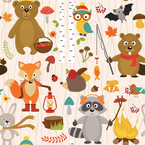 seamless pattern with animals of forest on beige background seamless pattern with animals of forest on beige background- vector illustration, eps ladybird book stock illustrations