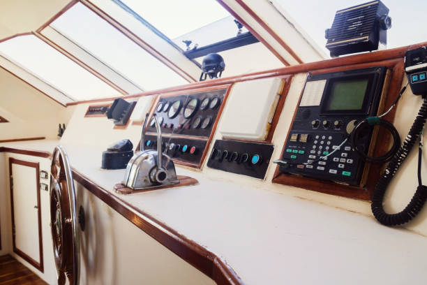 istock Captain's cabin and steering wheel, close-up on a yacht 652782886