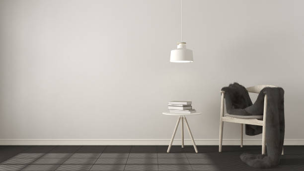istock Scandinavian white and gray background, with table and pendant lamp on herringbone natural parquet flooring, interior design 652782946