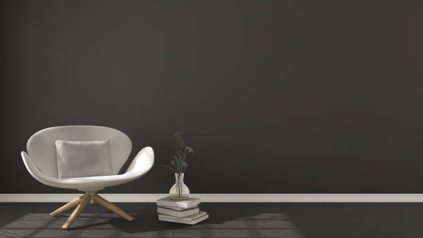 istock Scandinavian minimalistic background, with white armchair on herringbone natural parquet flooring, interior design 652783178