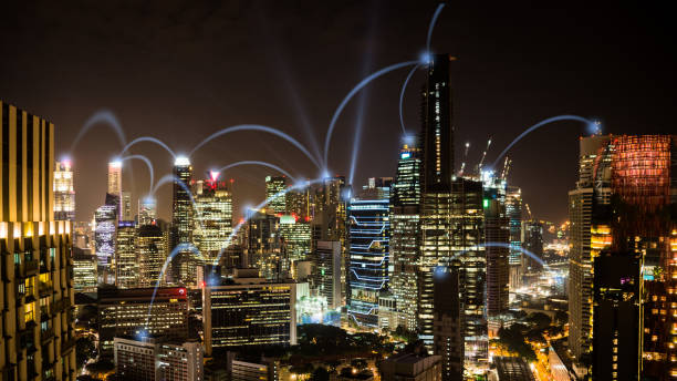 Network business conection nighttime cityscape of Singapore stock photo