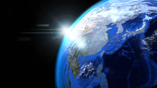istock Earth globe from space with sun and clouds, close up, showing Asia 652791782