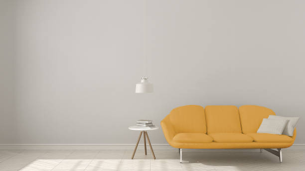 istock Scandinavian minimalistic background, with yellow sofa on herringbone natural parquet flooring, interior design 652792220