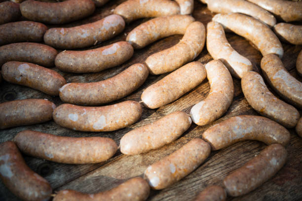 delicious homemade sausages - sausagemeat imagens e fotografias de stock