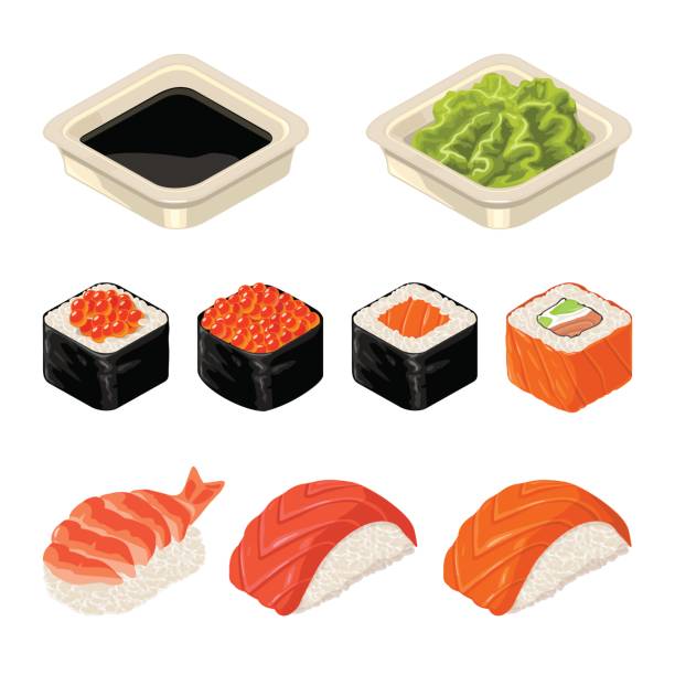 illustrazioni stock, clip art, cartoni animati e icone di tendenza di imposta sushi roll, wasabi e soia sause. isolato su sfondo bianco. - sushi nigiri white background red