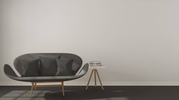 istock Scandinavian minimalistic background, with gray sofa on herringbone natural parquet flooring, interior design 652795872