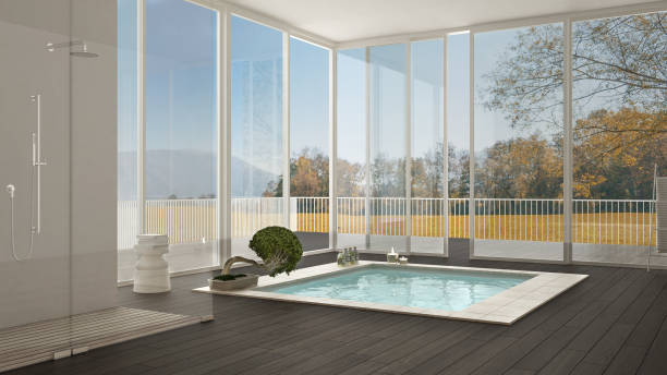 istock Scandinavian bathroom, white minimalistic interior design, big windows with autumn landscape, hotel, spa, resort 652795954