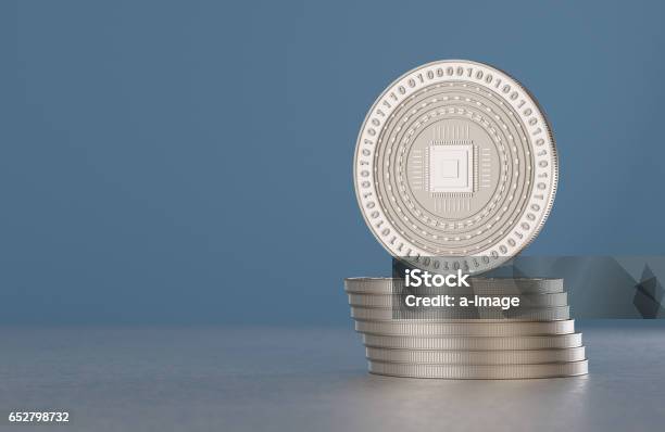 Stack Of Silver Cryptocurrency Coins With Cpu Symbol Stock Photo - Download Image Now