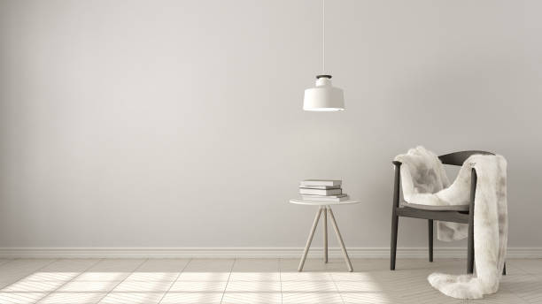 istock Scandinavian white background, with table and pendant lamp on herringbone natural parquet flooring, interior design 652798928