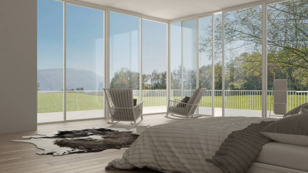 istock Classic bedroom, minimalistic white interior design, big windows with summer or spring landscape, hotel, spa, resort 652800114
