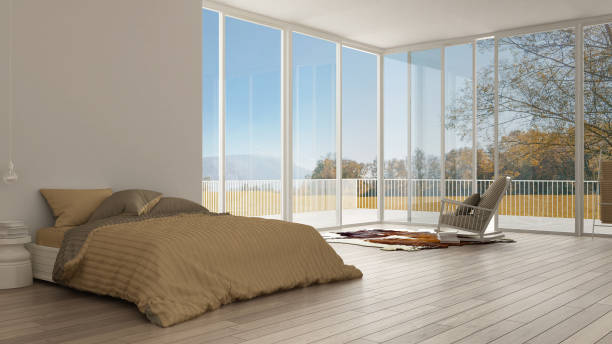 istock Classic bedroom, minimalistic white interior design, big windows with autumn landscape, hotel, spa, resort 652802276