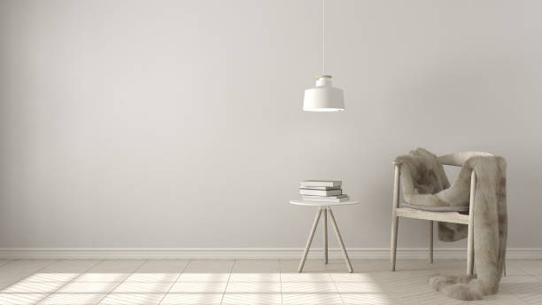 istock Scandinavian white background, with table and pendant lamp on herringbone natural parquet flooring, interior design 652802328