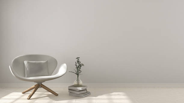 istock Scandinavian minimalistic background, with white armchair on herringbone natural parquet flooring, interior design 652802398