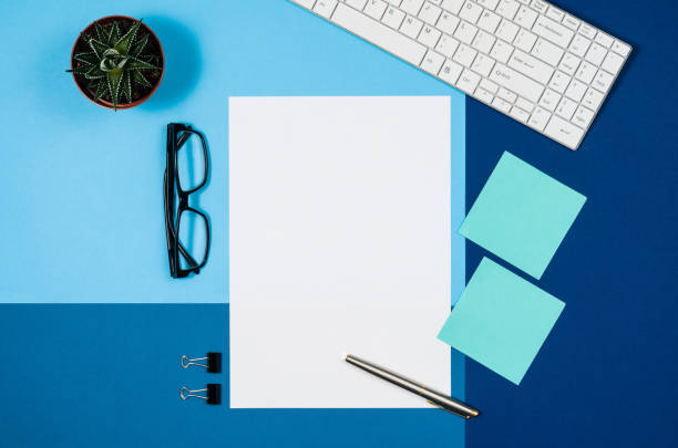 istock Mock-up blank page or magazine on colorful background top view 652802464