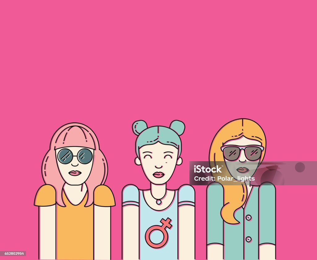 Tres hermosas mujeres sobre fondo rosa. - arte vectorial de Armas de mujer libre de derechos