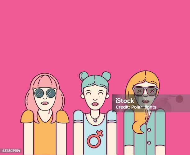 Ilustración de Tres Hermosas Mujeres Sobre Fondo Rosa y más Vectores Libres de Derechos de Armas de mujer - Armas de mujer, Adulto, Amistad