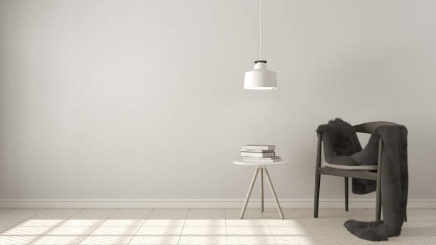 istock Scandinavian white background, with table and pendant lamp on herringbone natural parquet flooring, interior design 652805324