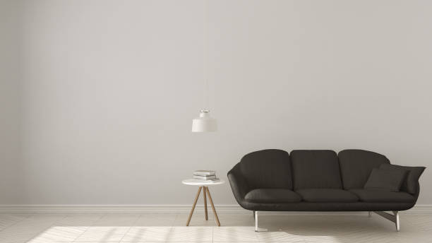 istock Scandinavian minimalistic background, with gray sofa on herringbone natural parquet flooring, interior design 652805508