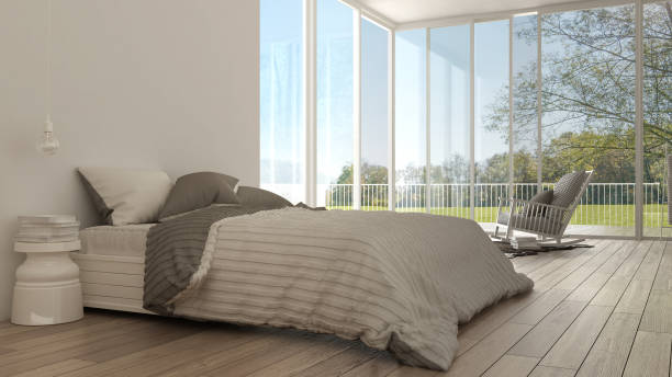 istock Classic bedroom, minimalistic white interior design, big windows with summer or spring landscape, hotel, spa, resort 652805624