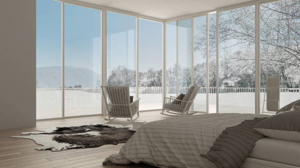 istock Classic bedroom, minimalistic white interior design, big windows with winter landscape, hotel, spa, resort 652805888