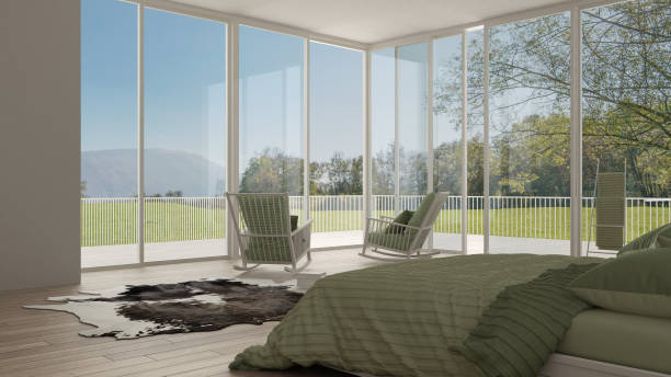 istock Classic bedroom, minimalistic white interior design, big windows with summer or spring landscape, hotel, spa, resort 652806082