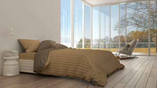 istock Classic bedroom, minimalistic white interior design, big windows with autumn landscape, hotel, spa, resort 652806250
