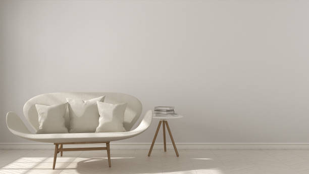 istock Scandinavian minimalistic background, with white sofa on herringbone natural parquet flooring, interior design 652806544