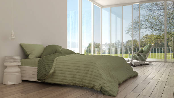 istock Classic bedroom, minimalistic white interior design, big windows with summer or spring landscape, hotel, spa, resort 652808758