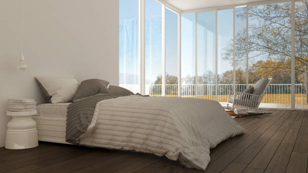 istock Classic bedroom, minimalistic white interior design, big windows with autumn landscape, hotel, spa, resort 652809292