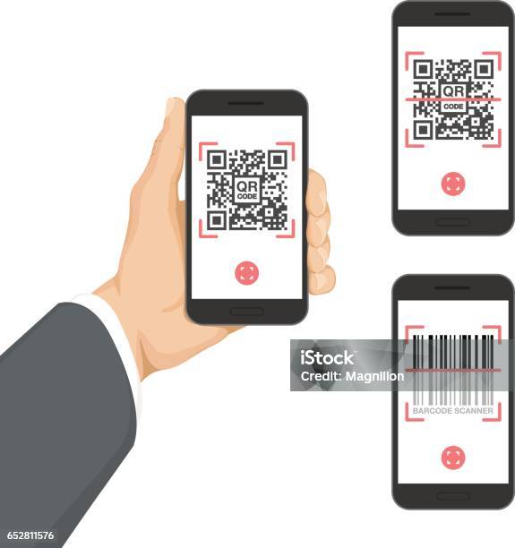 Smartfon Business Hand Holding Z Kodem Qr I Aplikacją Kod Kreskowy - Stockowe grafiki wektorowe i więcej obrazów QR Code