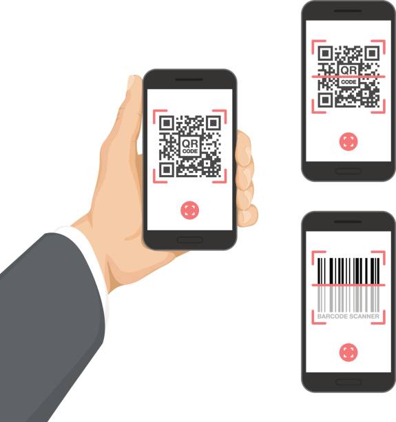 ilustrações de stock, clip art, desenhos animados e ícones de business hand holding smartphone with qr code and barcode app - security code illustrations