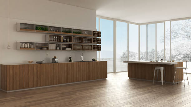 istock Scandinavian white kitchen with wooden and white details, minimalistic interior design 652815538