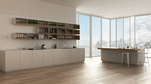 istock Scandinavian white kitchen with wooden and white details, minimalistic interior design 652818496