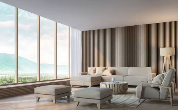 istock Modern living room with mountain view 3d rendering image 652819482