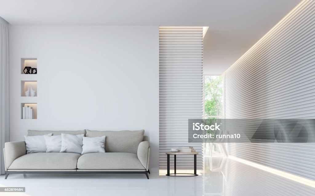 Modern white living room interior 3d rendering image Modern white living room interior 3d rendering image.A blank wall with pure white. Decorate wall with extrude horizon line pattern and hidden warm light Living Room Stock Photo