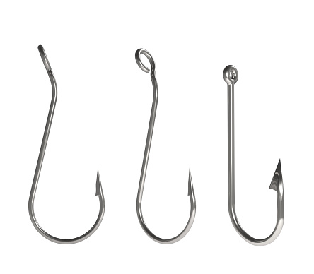 one fish hook on white background, 3d render