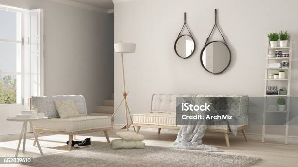 Scandinavian Living Room With Couch Armchair And Soft Fur Rug Minimalist White Interior Design Stock Photo - Download Image Now