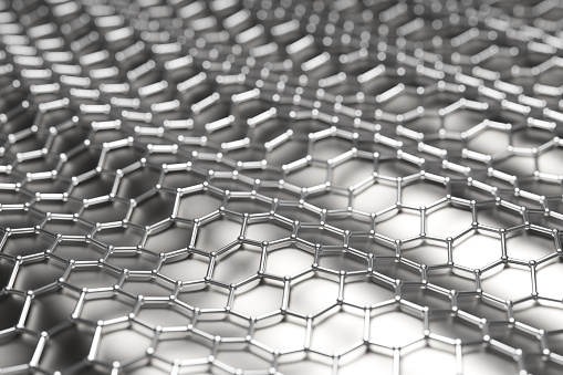 Silver hexagonal grids on a wavy surface.
