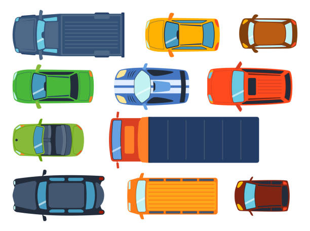 Overhead top view on colorful car toys different pickup automobile transport and collection wheel transportation design vector illustration Overhead top view on colorful car toys different pickup automobile transport and collection wheel transportation design vector illustration. Traffic roof motor vehicle freight graphic. ford truck black stock illustrations