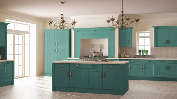 istock Classic kitchen, scandinavian minimal interior design with wooden and turquoise details 652843122