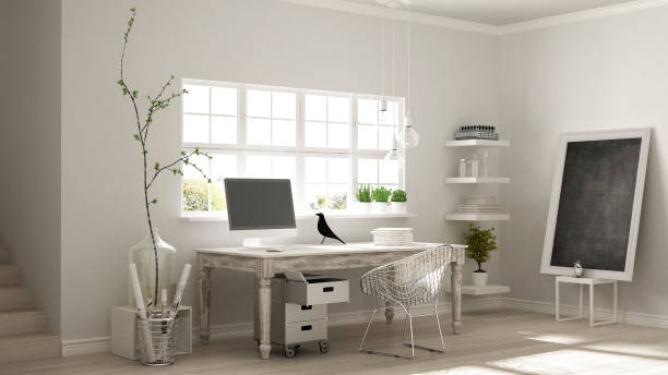 istock Home workplace, scandinavian house room corner office, classic minimalist interior design 652846584