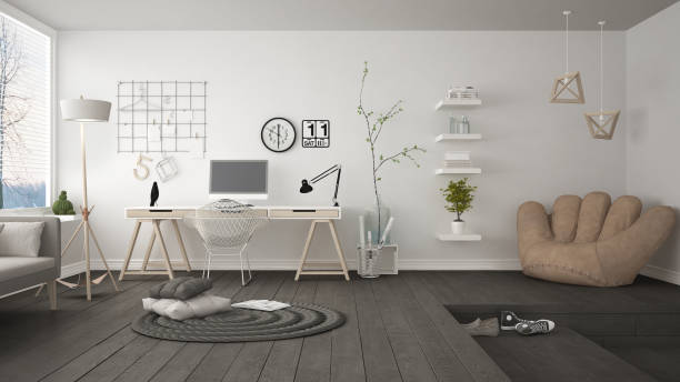 istock Residential multifunctional loft with home office workplace, scandinavian minimalist interior design 652851406